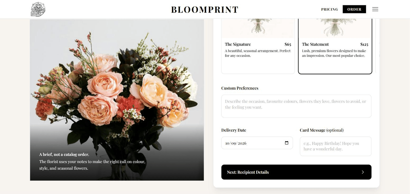 Bloomprint order builder showing budget tiers, custom preferences, delivery date and card message