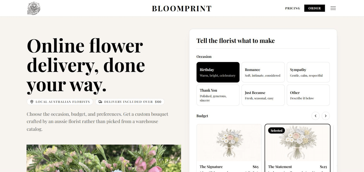 Bloomprint homepage with the order builder open