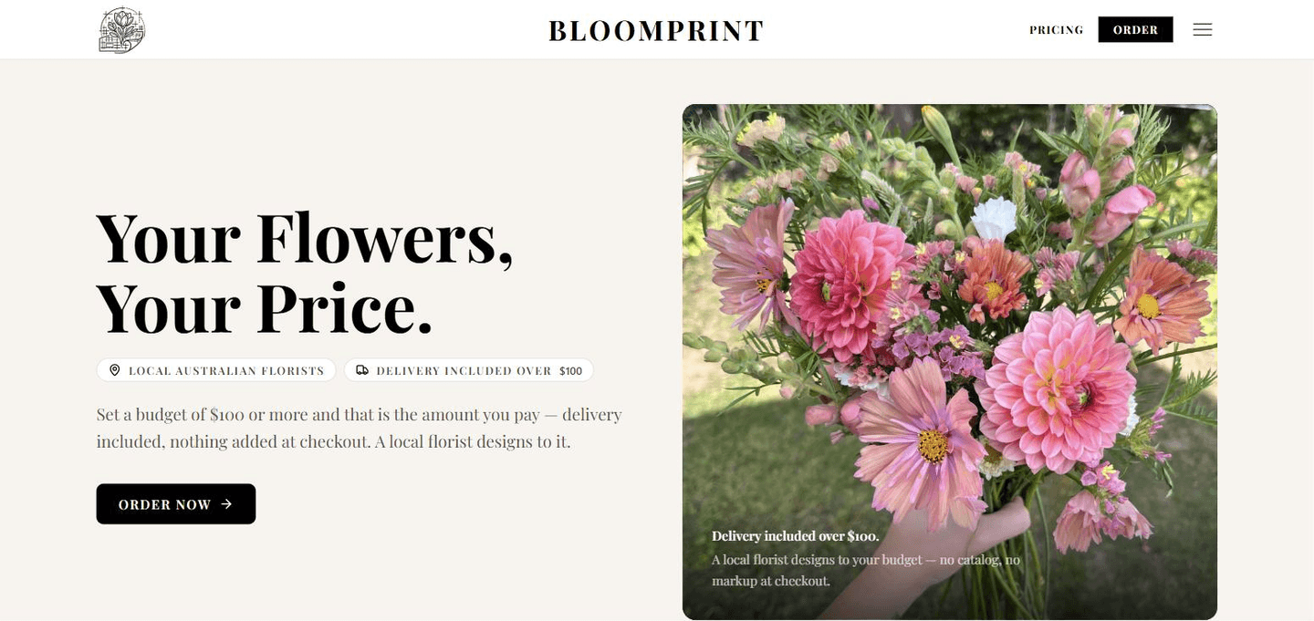 Bloomprint pricing page explaining budget-led ordering