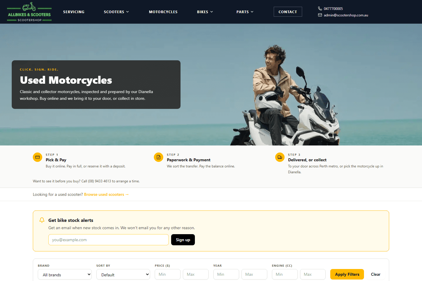 Used motorcycle inventory with buying steps, stock alert and filters