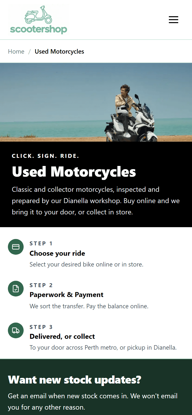 Scooter Shop inventory page on mobile