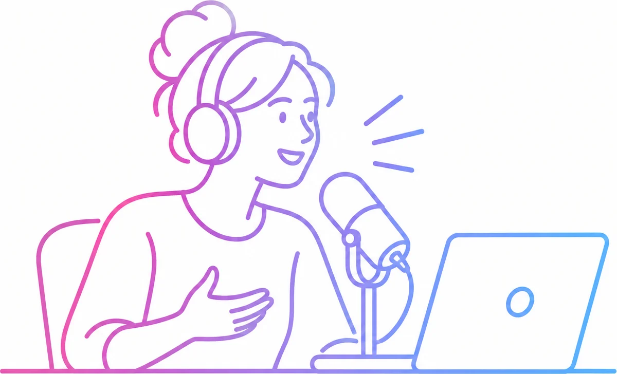 A line drawing of a host in headphones talking into a microphone beside a laptop.